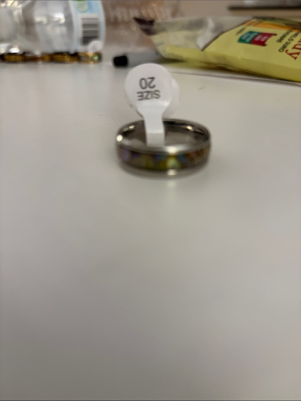 Silver Tone Ring with Multicolor Inlay - Size 20